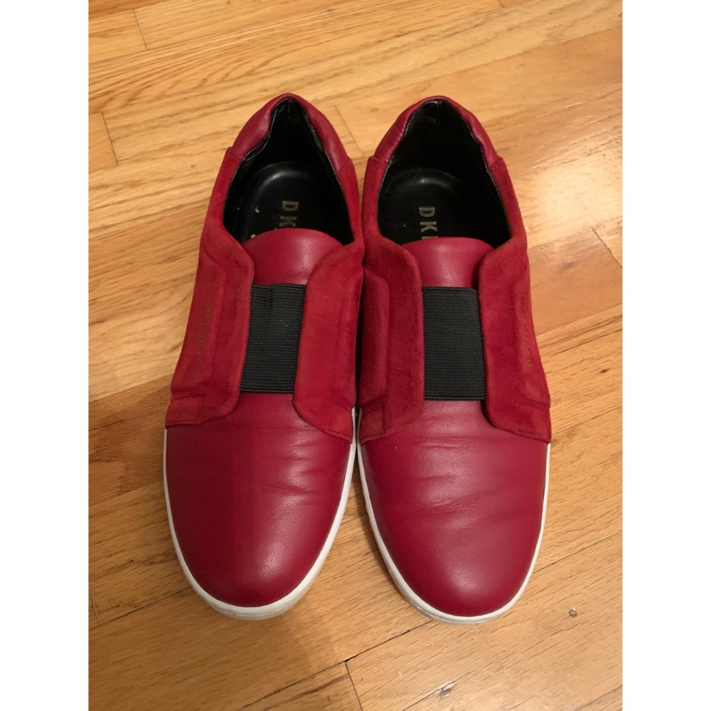 DKNY red leather slip ons